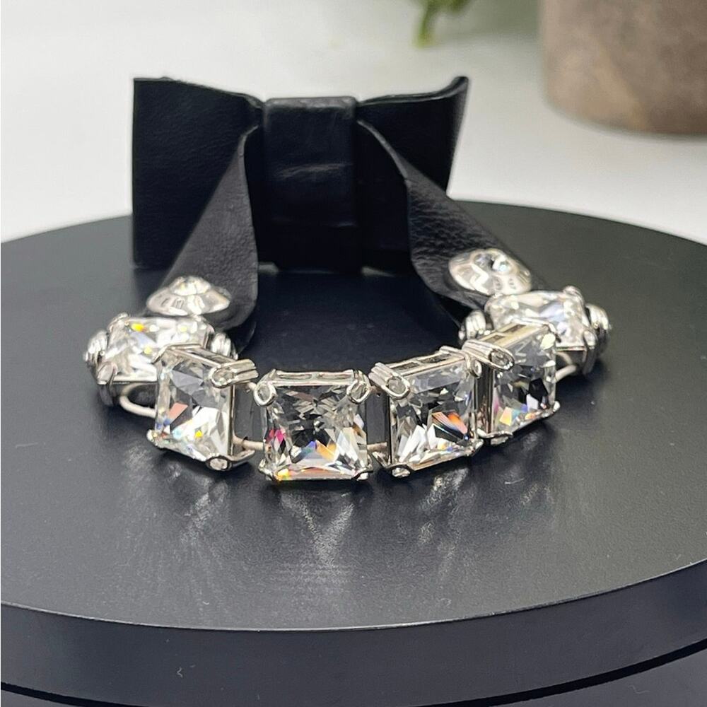 Henri Bendel Grommet Sq Clear Crystals Elastic Black Leather Bow Band bracelet